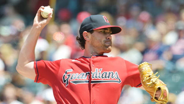 Jul 9, 2023; Cleveland, Ohio, USA; Cleveland Guardians starting pitcher Shane Bieber (57) throws a pitch during the second inning against the Kansas City Royals at Progressive Field. Mandatory Credit: Ken Blaze-USA TODAY Sports  